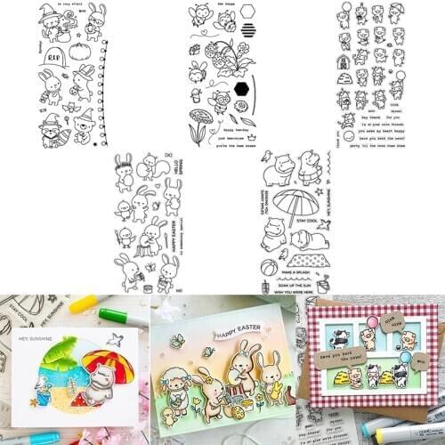 4*8 inch Clear Stamps Mixed Animals Huge Hippo Bunny Piggy Dog Bees Butterflies Halloween Cosplay Simple Words Phrases DIY Craft
