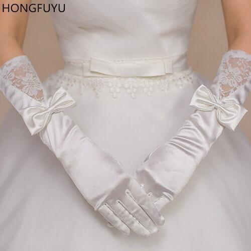 HONGFUYU Satin Long Lace Bowknot Bridal Finger Gloves for Wedding Party Milky One Size In Stock Gloves Wedding Accessories