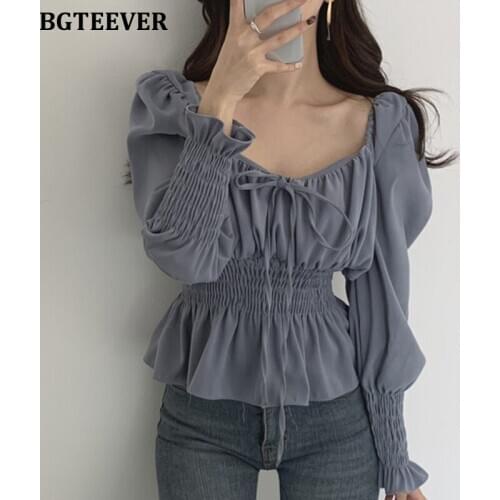 BGTEEVER Elegant Square Collar Lace-up Women Shirts Blouses 2021 Spring Puff Sleeve Elastic Slim Waist Female Shirts Tops Blusas
