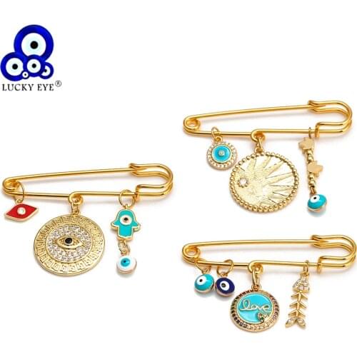Lucky Eye Crown Fatima Hamsa Hand Turkish Evil Eye Brooch Pin Gold Color Copper Brooch for Women Girls Fashion Jewelry BE150