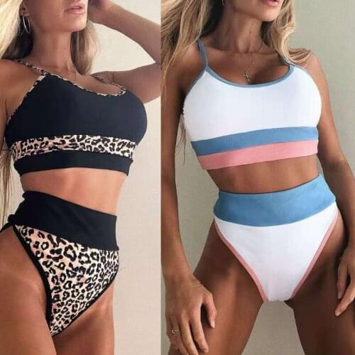 Women Sexy 2 Pieces Bikini Set Contrast Color Striped Leopard Patchwork Swimsuit High Waisted Brazilian Push Up Bathing