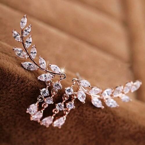 Personality Earring for Women Sparkling Diamond Leaf Tassel Crystal Water Drop Earrings Jewelry 2021