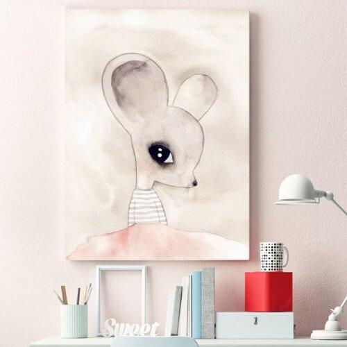 Cute Mouse Girl Print Pictures Wall Art , Watercolor Cartoon Animal Mouse Canvas Art Painting Baby Girl Room Decoration