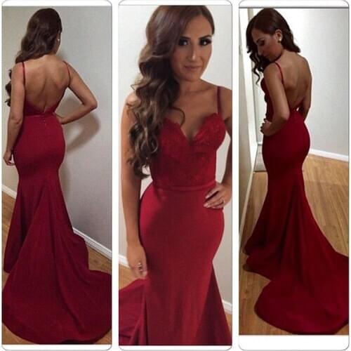 Red Long Evening Dresses Sexy Spaghetti Strap Lace Mermaid Formal Evening Gowns Court Train Sexy Prom Dresses Robe De Soiree