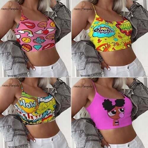 Sexy Women Crop Top 2020 Summer Color Printing Strap Tank Tops Cropped Feminino Aesthetics Ladies Elastic Shirt Vest Camisole