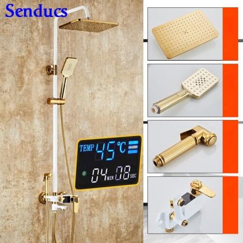 Senducs White Gold Bathroom Shower Set Luxury Termostatic Shower System with Quality Brass Black Gold Digital Shower Set