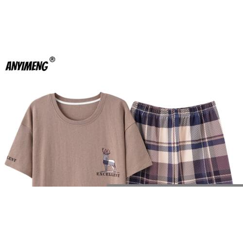 Mens Big Size Lounge Wear Fashion Cotton Pajamas Summer Shorts Pj Set Pullover Embroidered Badge Stylish Plaid Homewear 3xl 4xl