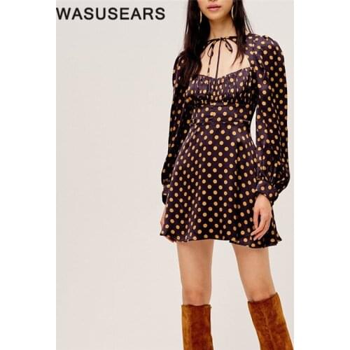 Spring Autumn Long Sleeve Polka Dot Dress Lace Up Mini Dress Square Neck Puff Sleeve Dress With Zipper Streetwear 2020