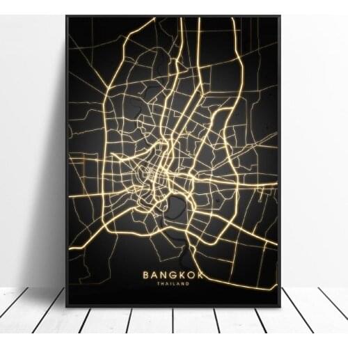 Frame Bangkok Thailand Black and gold Canvas Wall Art Map Poster Home Decor Wall Poster Decoration For Living Room