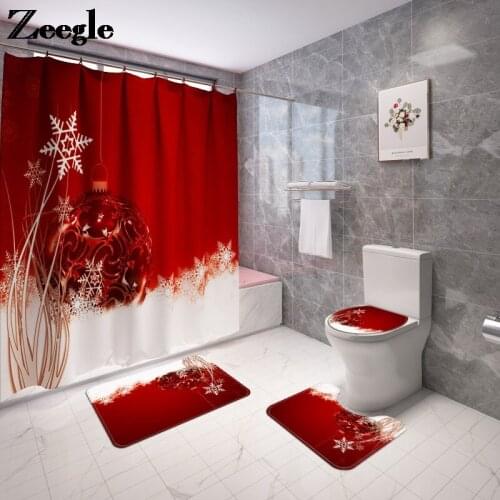 Christmas Pattern Bath Mat Shower Curtain Set Toilet Mat Bathroom Floor Mat Non Slip Rugs Toilet Cover Mat Bathroom Products