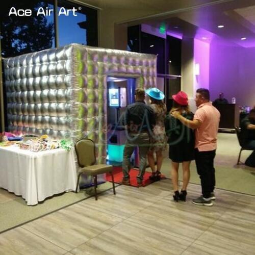 Silver exterior cube,inflatable social booth enclosure,silver photo booth canopy backdrop with 2 doors and logo for Rental