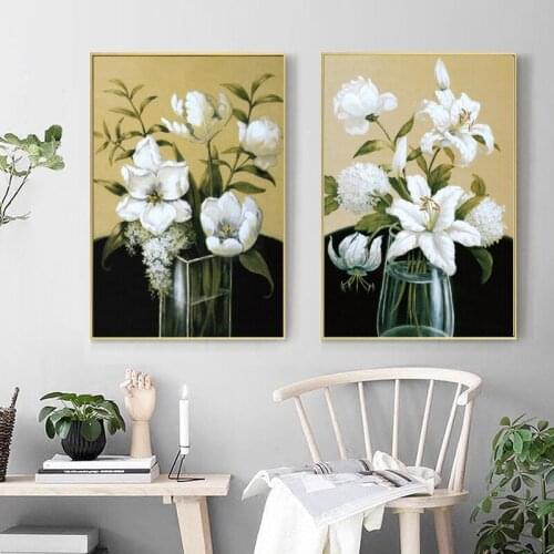 Modern Home Decoration Wall Painting Vase Art White Lily Hydrangea Elegant Style Canvas Frameless Printing Poster