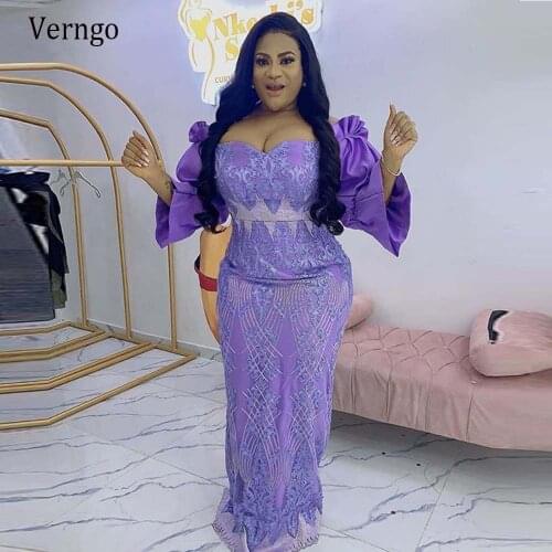 Verngo Lavender Mermaid Lace Evening Dresses Puff Long Sleeves Sweetheart Plus Size South African Women Formal Prom Gowns