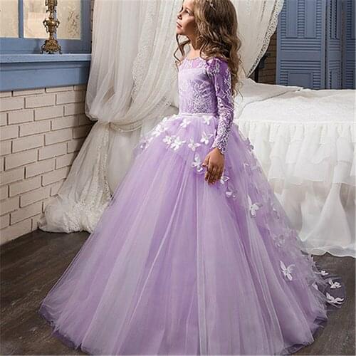 Fancy Flower Baby Girl Dress Child Long Sleeves Butterfly Pink Mesh Ball Gowns Kids Holy Communion Dresses 1-14 Year Old