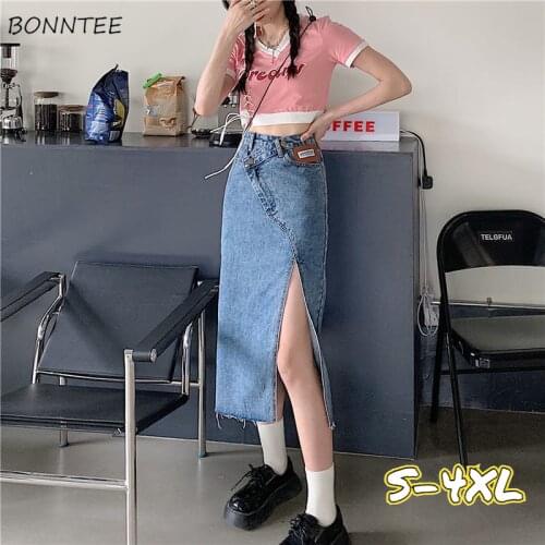 Plus Size Skirts Women Irregular Sexy Side-slit Denim Faldas Summer 2021 Mid-calf High Waist Slim A-line All-match Streetwear