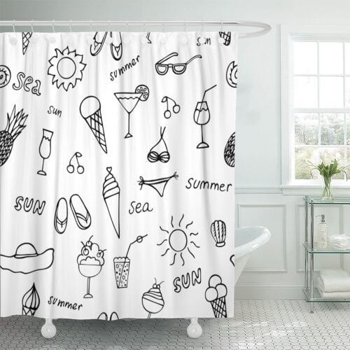 Sketch Summer Drawing Beach Pineapple Black Shower Curtain Polyester 72 x 72 Inches Set with Hooks
