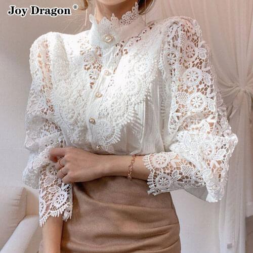 Women Lace Long Sleeve Blouse Stand Collar Button Casual Loose Fashion 2021 Pullovers Plus Size Female Clothing T Shirts Tops