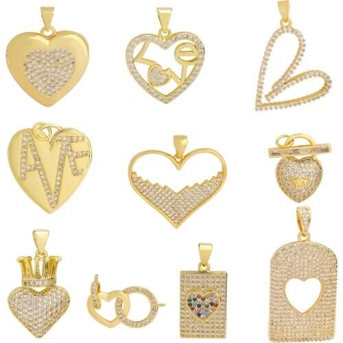 Juya DIY Cubic Zirconia Gold Love Hearts Pendant Charms For Women Handmade Bracelet Necklace Earrings Jewelry Making Supplies