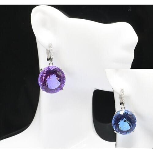 35x20mm Big 16g Round Gemstone 20x20mm Color Changing Alexandrite & Topaz CZ Womans Party Silver Earrings