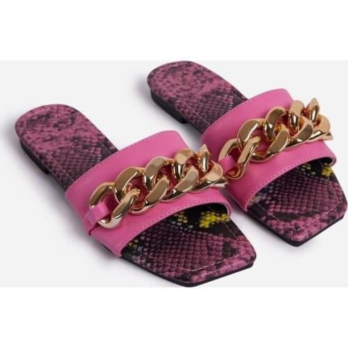 2021 Summer Large Size New One-Shaped Square Toe Slippers for Women Metal Chain Beach Slippers