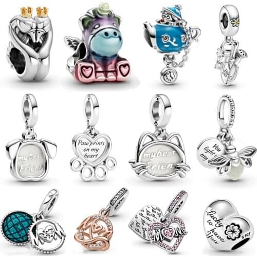 Cherished Heart Mother Charm Colorful Rainbow Unicorn Pendant Charm Silver 925 Bracelet DIY Woman Jewelry Wholesale