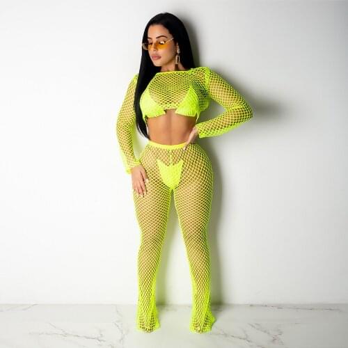 BKLD Sexy Women Neon Outfits 2 Two Piece Sets 2019 Summer Mesh Club Wear Long Sleeve Hollow Out Crop Tops+Fishnet Long Pants Set
