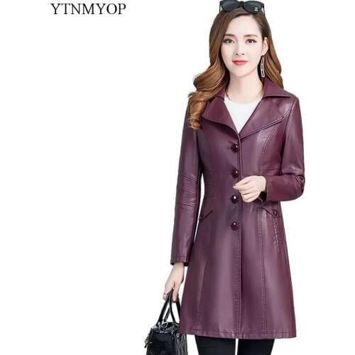 YTNMYOP Spring Single Breasted Leather Trench Women Slim Long Leather Coat Turn-down Collar Overcoat Autumn Plus Size 5XL Jacket