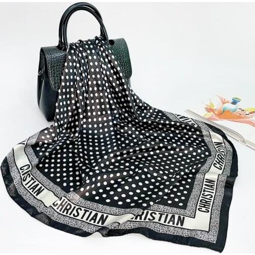 90cm Silk Scarf Women Spring/summer 2021 New Black Polka Dot Printing Large Square Scarf Satin Turban Scarf Shawl Wholesale