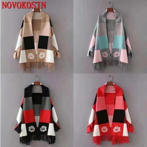 2020 Out Street Batwing Long Sleeves Big Plaid Cardigan Winter Poncho Women Jacquard Weave Lattice Wrap Vintage Shawl
