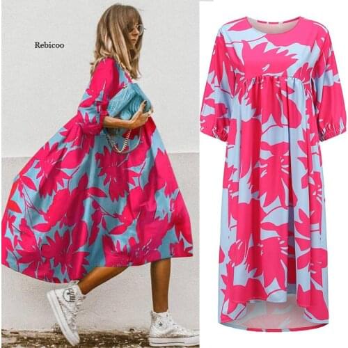 Plus Size 5Xl Ladies Bohemian Beach Dress Summer Rose Leaf Print Three-Quarter Sleeves Mid-Length Women Dress New