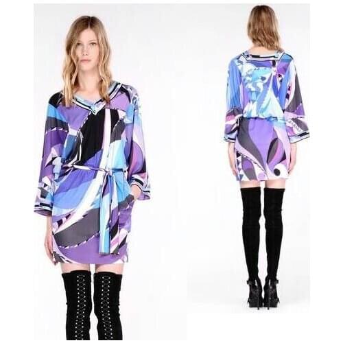 Womens beautiful V printed with belt fashion slim elastic knitted dress