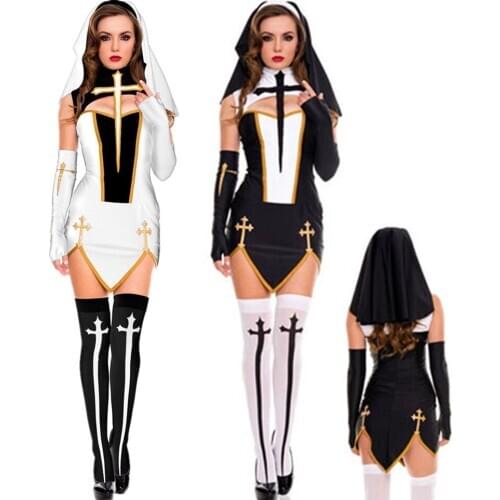 Virgin Mary Sexy Nun Costume Adult Women Cosplay Dress With Black Hood For Halloween Sister Cosplay Party Costume Nun Outfits