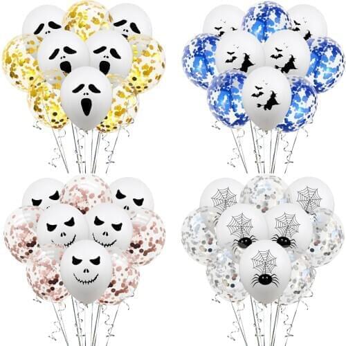 10pcs 12 Inch Halloween Bat Witch Ghost Face Spider Latex Balloons Confetti Air Latex Balloon Set Sequined Balloon Party Decor