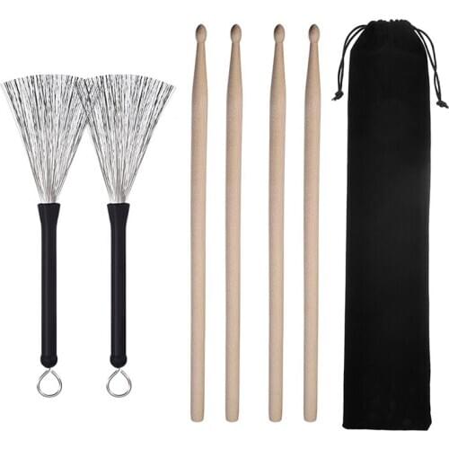2 Pair Drum Sticks Classic Maple Wood Drumsticks Sets and 1 Pair Drum Wire Brushes Retractable Drum Sticks Brush