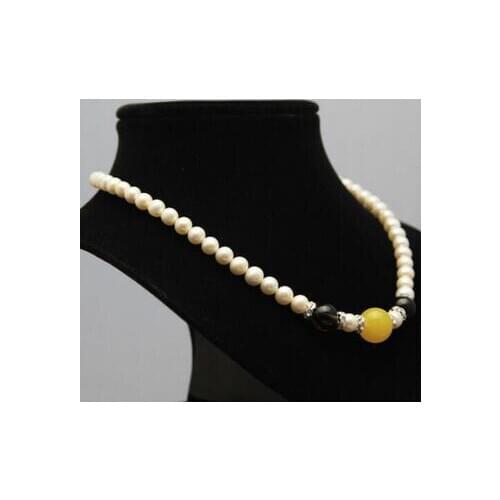 Free shipping Fashion 7-8mm natural agate freshwater round white cultured pearl necklace 17"