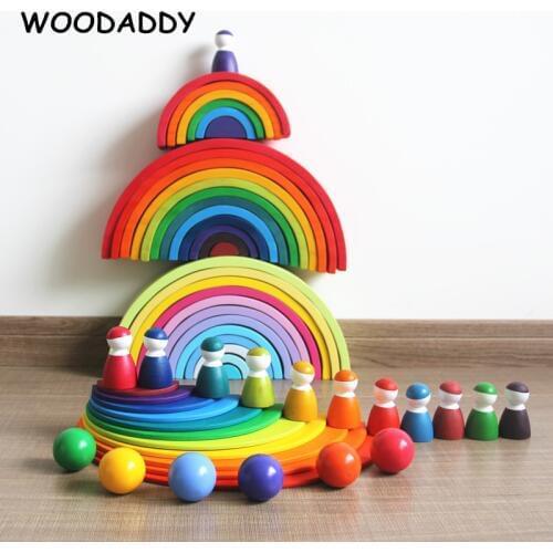 WOODADDY 12Pcs Rainbow Blocks Semicircle Board Simulation Peg Doll Wooden Toys For Kids Rainbow Balls Educational Toys Gift