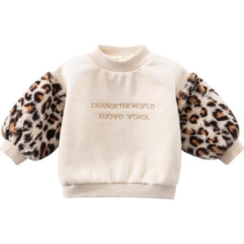 DFXD Baby Girls Leopard Patchwork Fleece Hoodies Sweatshirts 2020 Winter New Round Collar Thick Pullover Girls Tops Plus Velvet