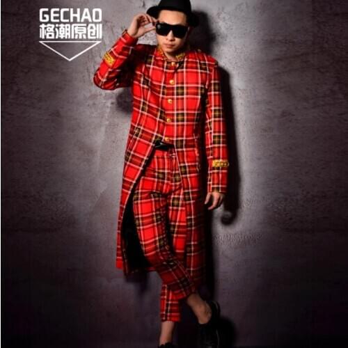 Red lattice jacket men clothes mens jackets long coats singer stage jaqueta masculina chaqueta hombre casaco masculino dance