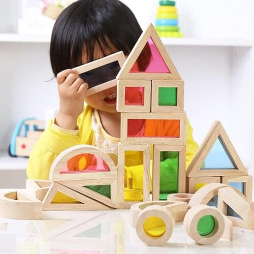 Creative 24Pcs Rainbow Acrylic Wooden Building Blocks Baby Sensory Early Educational Toy Kids Stacking Tower Montessori Toys