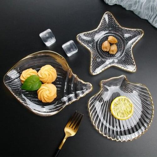 Creative Glass Salad Bowl Gold Edge Fruit Noodle Rice Bowl Crystal Starfish Conch Scalop Shaped Bowl Home Decoration Tableware