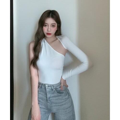 WOMENGAGA Hot Girl Sexy Hollow Out Backless One Sleeve Bottomed Tops Solid Color Skinny Asymmetrical T-shirt 7LFT