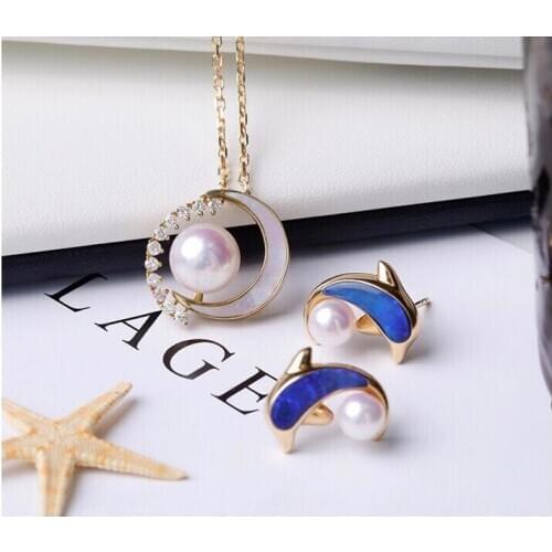 Dolphin Moon 925 Sterling Silver Pendant Earrings Set Base Mounts Findings Jewelry Set Parts Fittings Accessories for Pearls