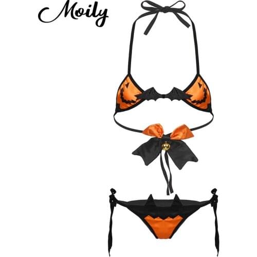 Novelty Womens Lingerie Exotic Sets Halloween Naughty Cosplay Costumes Devil Bikinis Halter Neck Bra Sets with Briefs Nightwear