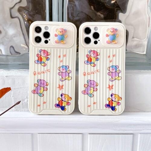 Cute Cartoon Graffiti Bears Push Pull Hue Protection Lens Frame Phone Case For IPhone 12 11 Pro Max X XR XS 8 7 Plus Soft Cover