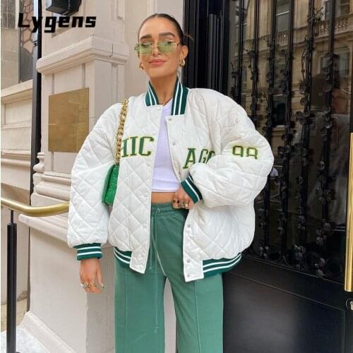 Lygens 2021 Autumn Winter Women Letter Embroidery Baseball Cotton Padded Jacket Diamond Loose Oversized Casual Outerwear Coats