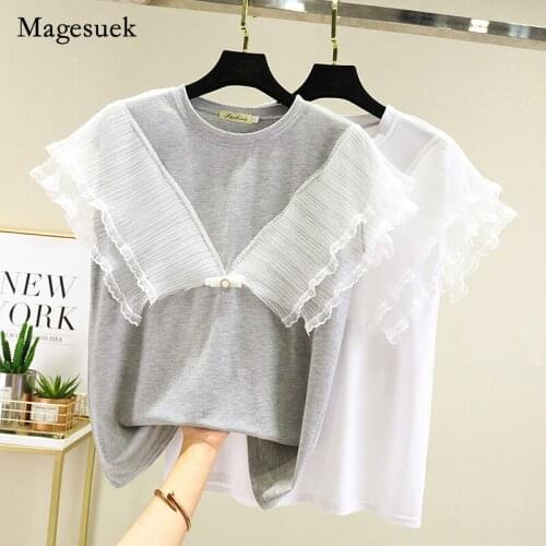 Summer 2021 Women Solid Cotton Shirt Korea O-neck Gauze Lace Plus Size Tops for Women Office Lady Loose Grey T-Shirt Blusa 15463