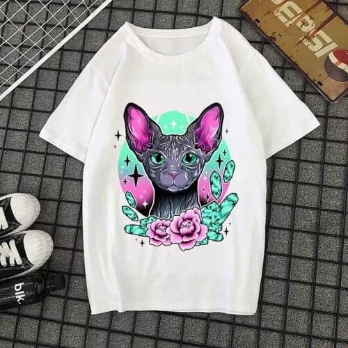 Korean style Vintage T-shirt women Flowers Sphynx Cat Tattoos Print Tops Tee Casual Fashion Short Sleeve Female aesthetic tshirt