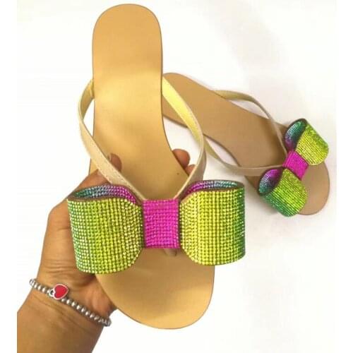 Blingbling Bow-knot Crystal Beach Slippers Women Sweet Rhinestone Diamond Flip Flops Champagne Slides Runway Shoes plus size