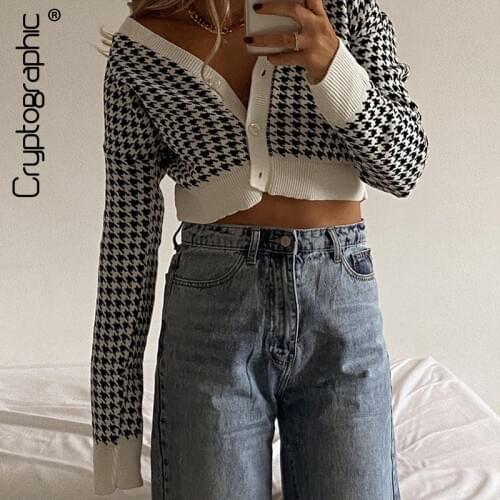 Cryptographic Autumn Winter Houndstooth Knitted Open Stitch Sweaters for Women Streetwear Sexy Cardigan Long Seeve Sweater Coats