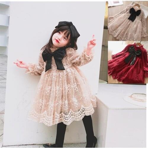 3-8y Girls Winter Casual Dresses Plus Velvet Warm Bow Christmas Lace Little Girl Autumn Clothes Fall Seleeves For Clothing